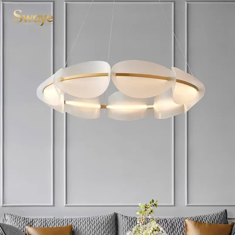 Nordic Acrylic Leaf LED Ceiling Pendant Lights Bedroom Restaurant Villa Lobby Ceiling Chandeliers Home Decor Indoor Luster Lamps