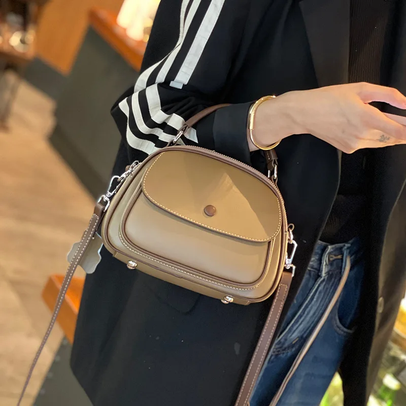 Cowhide Leather Women's Crossbody Bag 2023 New Fashion Handbag Ladies Casual  Shoulder Small Half Round Bag Multiple Pockets