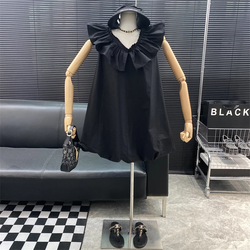 

New 2022 fashion Designer new style Famous brand Sweet Ruffle edge V-neck dress flying sleeve Loose fold Fluffy dress