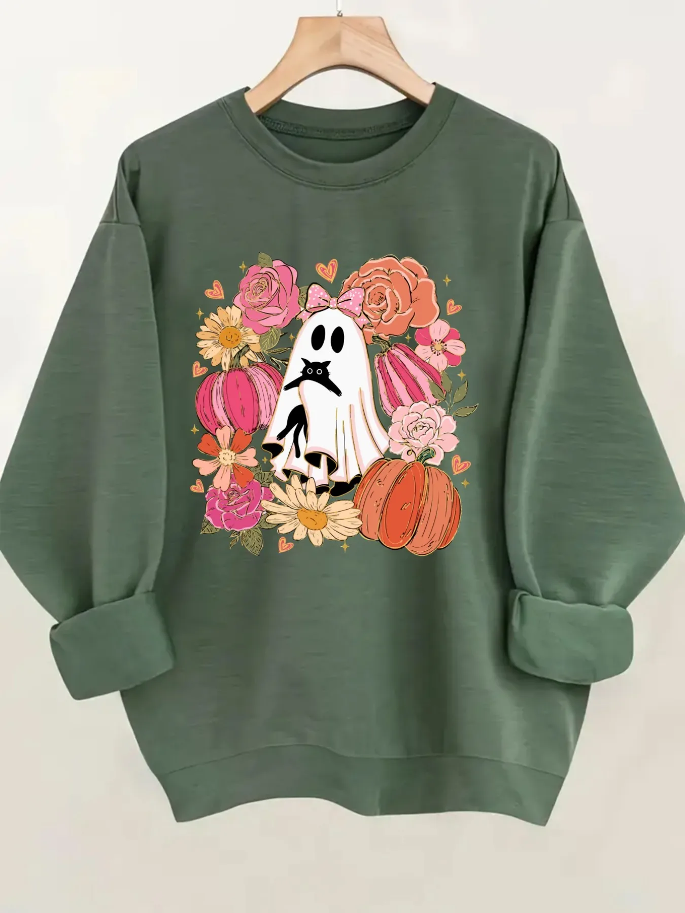 Women's Crew Neck Pullover Sweatshirt Ghost Pumpkin Floral Design, Soft Casual Long Sleeve, Daily Casual Top Outfit, Winter Women's Clothing, Halloween Costume Outfit