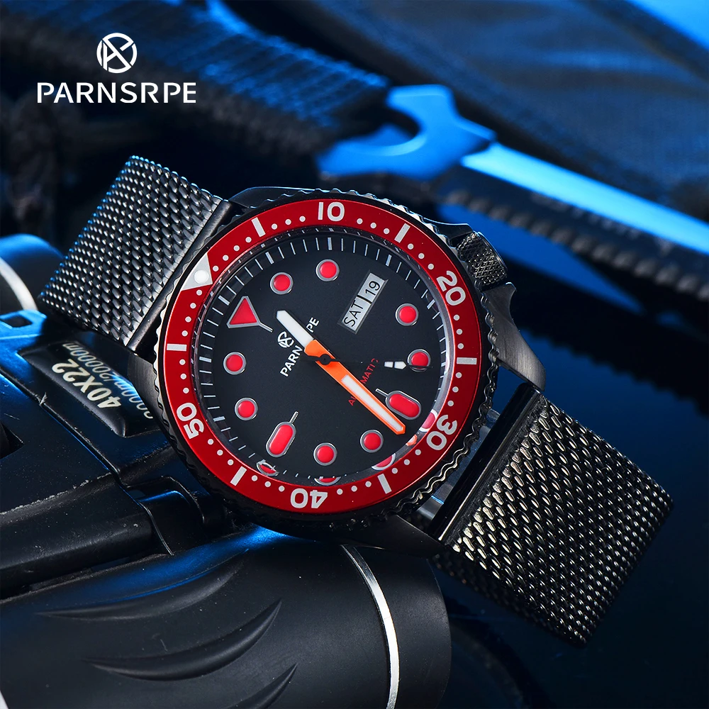 PARNSRPE Series Men\'s Watch NH36 Movement Red Embellished Dial with Day Date Indicator Sports Automatic Mechanical Watch