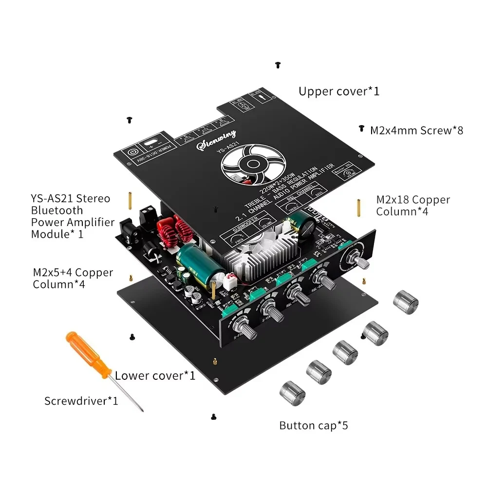 YS-AS21 2*220W+350W 2.1 Channel BT Digital Power Amplifier Board TPA3251 AMP Subwoofer Treble Bass Tone Audio APP USB