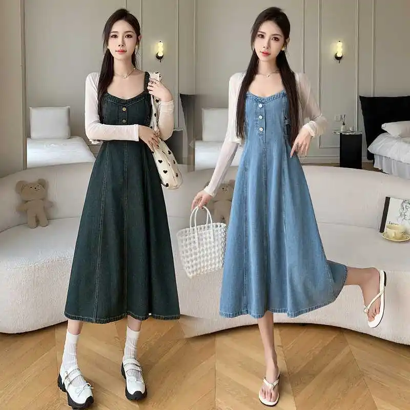 

Mid Length Dress Women Denim Sling Dresses A Line Vestidos Streetwear Sleeveless Elegant Splice Y2k Tight Waist Summer 2025