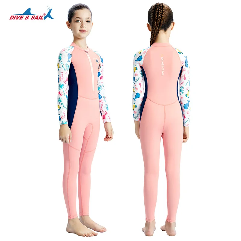 UPF50+ Dive Skin Kids Full Body Swimsuit One Piece Long Sleeve Rash Guards Sun Protection Sunsuit SwimwearOne-pieece Boys Girls