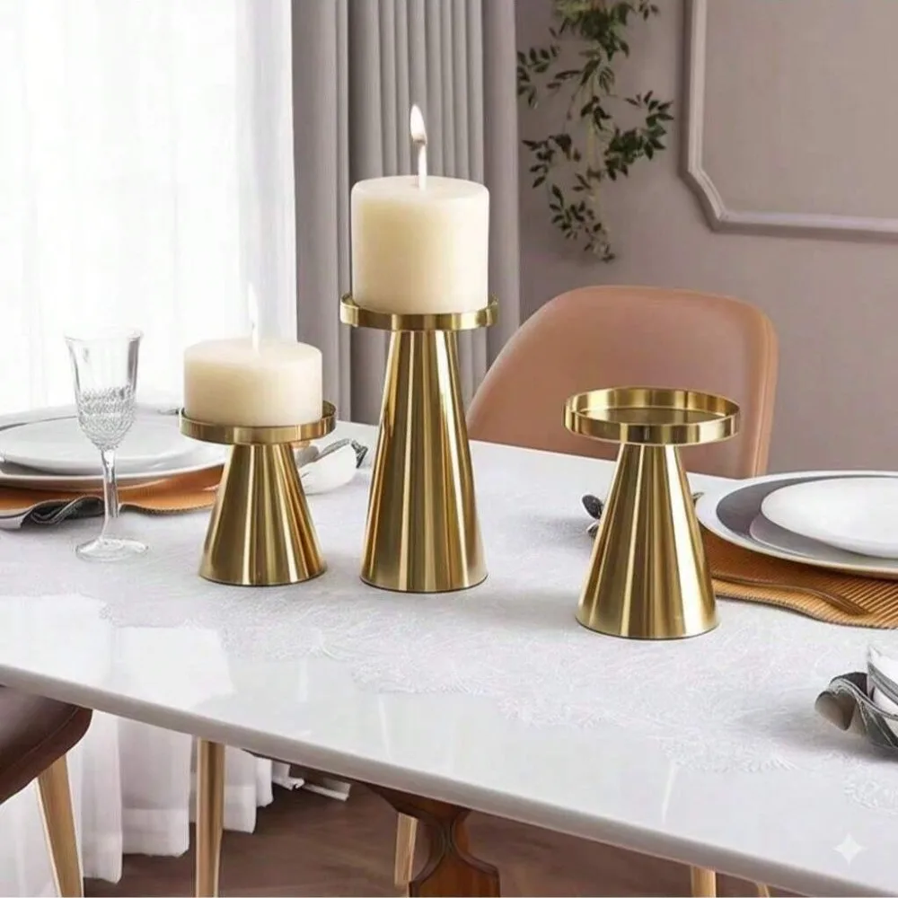 3PCS/SET Wrought Iron Nordic Golden Candle Holder Stand Enlarged Base Candlestick Stable Cone-shaped Scented Candles Pillar