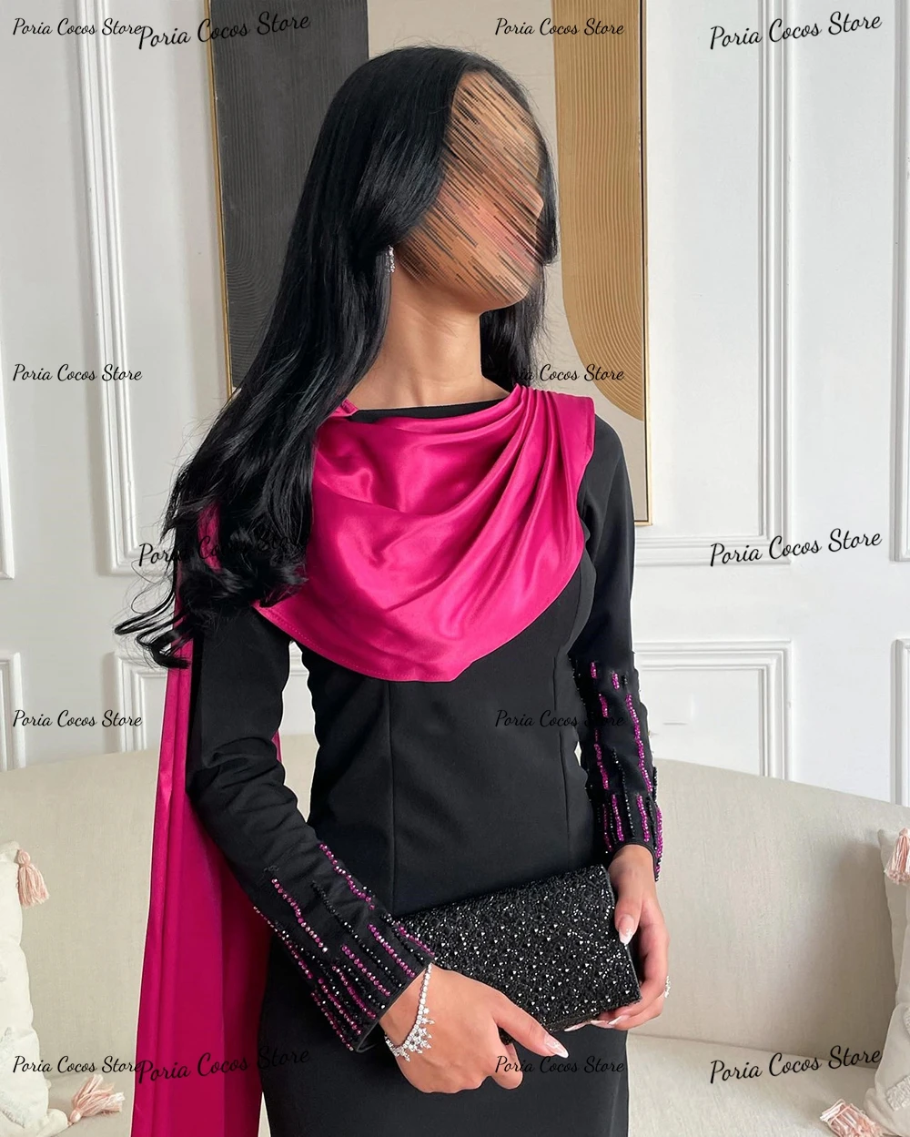 Customized Long Sleeve Straight Middle Eastern Style Evening Contrast Color Round Neck Gown فساتين سهرة فخمه