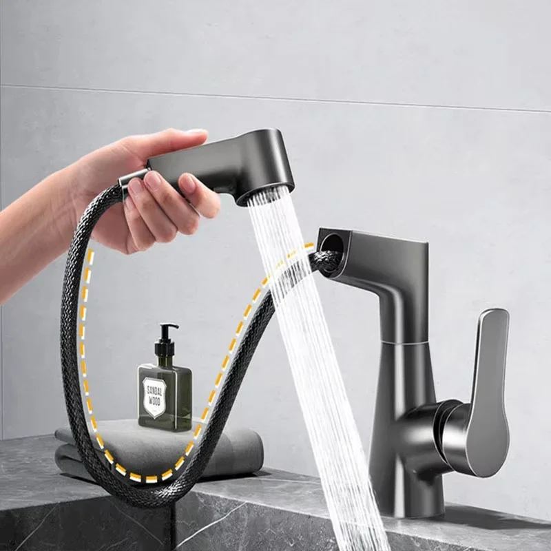 Brass Pull-Out Dual-Function Bathroom Sink Faucet with Adjustable Height. Available in Black, Silver, White, and Bronze Gray.