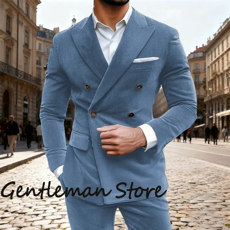 Fall 2-piece  Men's Suit Set Corduroy Double Breasted Suit Business Casual Tailored For Party Weddings Groom's Suit Jacket Pants