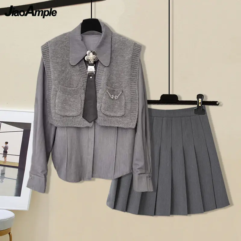 Women's Autumn Fashion Shirt Knit Vest Two Piece Set Preppy Style Student Trendy Blouse with Tie Mini Skirts Outfit 2022 Clothes