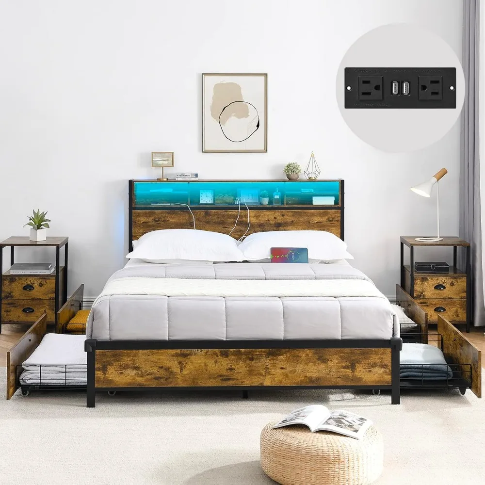 

LED Bed Frame Full Size with Outlets and Bookcase Headboard,Metal Platform Bed Full with 4 Storage Drawers &LED Lights Headboard