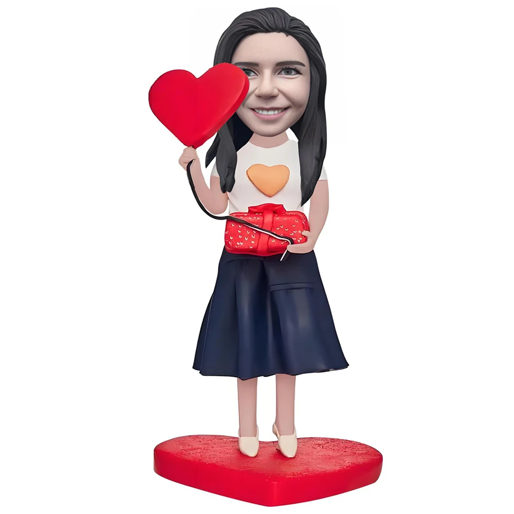 Valentine's Day Custom Bobblehead Figurine, Heart Theme, Personalized Gift for Cake Topper, Polymer Clay Dolls Office Decoration