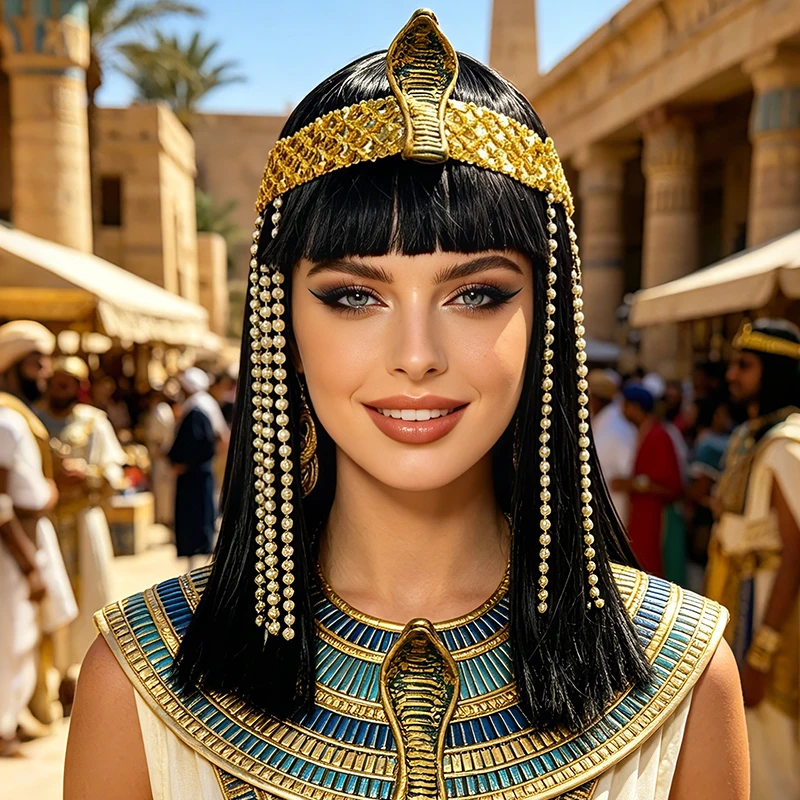 Black Straight Synthetic Wig Snake Bead Tassel Cleopatra Egyptian Queen Halloween Cosplay Ancient Egypt Party Costume Hairpiece