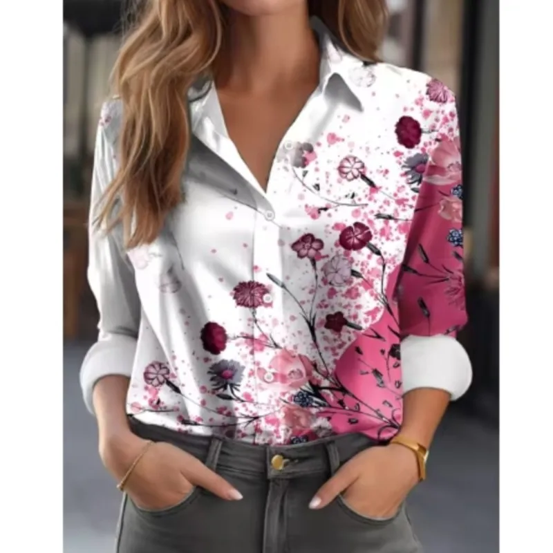 Fashionable women's shirt 2024 personalized shirt casual loose long sleeved lapel button up shirt womens temperament print shirt