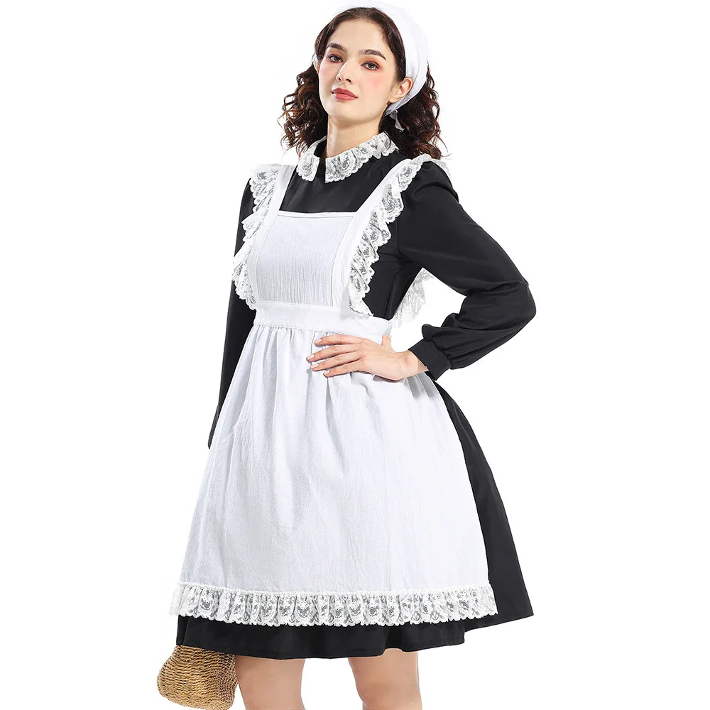 

Women Victorian Maid Costume Vintage Lace Apron Dress Colonial Prairie Pioneer Outfit Halloween Cosplay Party Fancy Dress