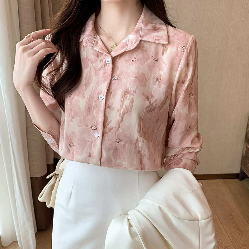 Women Spring Korean Fashion Temperament Loose Printing Polo-Neck Long Sleeve Shirts Women Clothes Casual All-match Sweet Tops