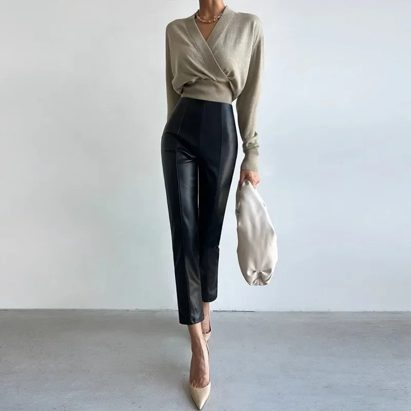 2024 여성용 하이 웨이스트 슬림핏 펜슬 팬츠, PU 가죽 스트레이트 레그, 따뜻한 플리스 안감 바지, 신상