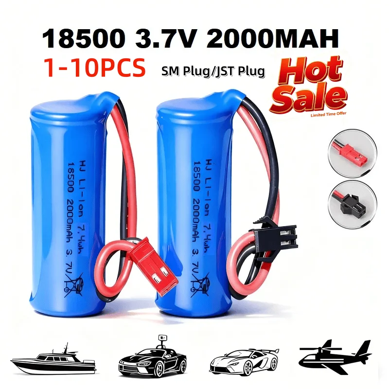 1-10PCS 3.7V 2000mah Li-ion Battery For RC Toys Car Boats Plane Parts 18500 SM-2P JST For RC Stunt Dump Car Toys Accessories