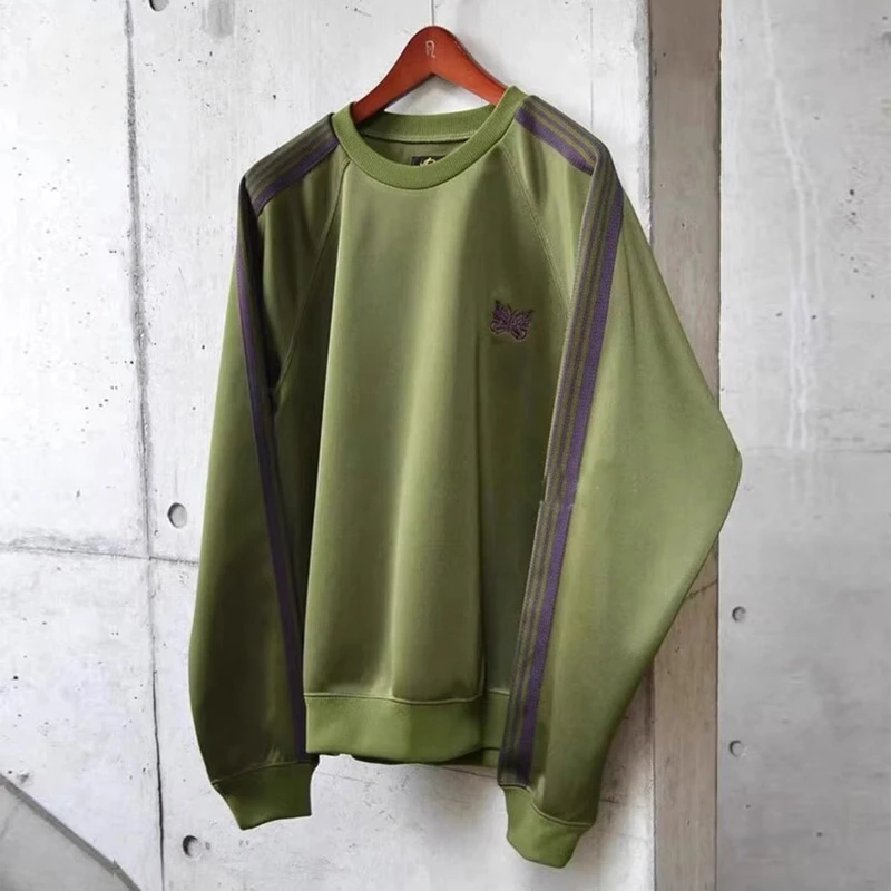 25ss Butterfly Embroidery Olive Green Crewneck Sweatshirts Men Women 1:1 High Quality Nee dles Striped Pullovers Inside Tags