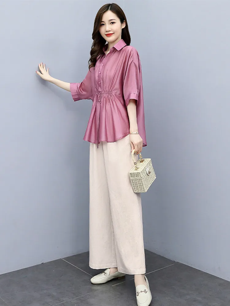 Traje de lino y algodón para mujer, traje de dos piezas con cuello vuelto, Top liso y pantalones de pierna ancha, alta calidad, 2022