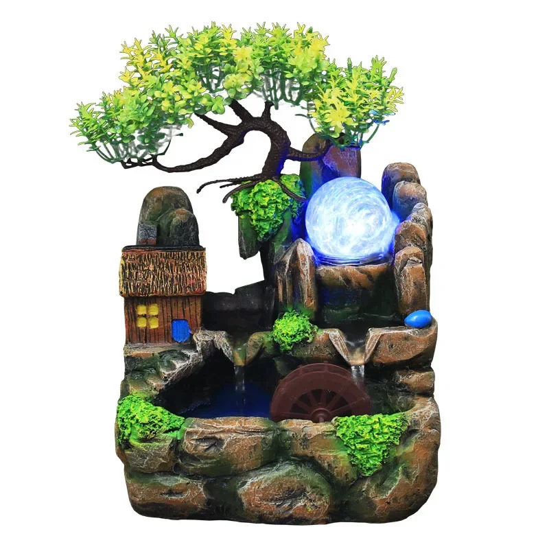 

Led Lights Resin Rockery Flowing Water Fountain Lucky Feng Shui Wheel Office Desktop Ornaments