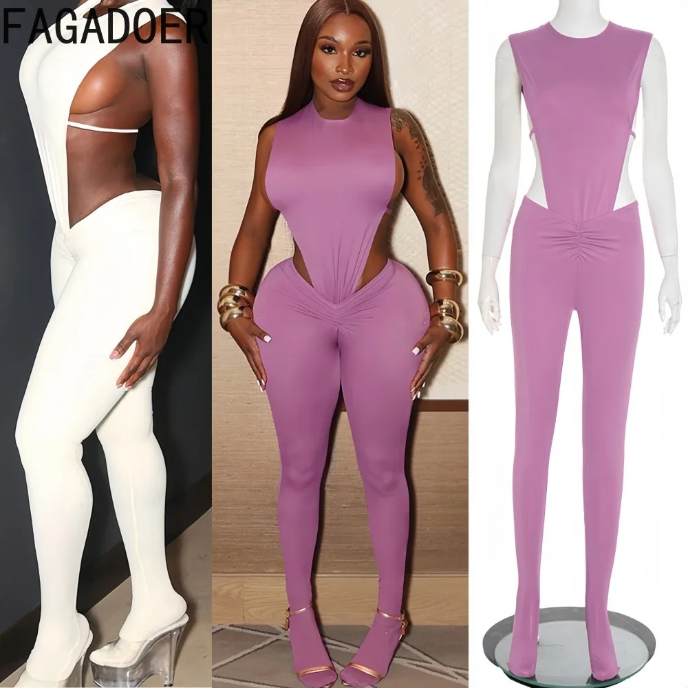 

FAGADOER Y2K Sexy 2Piece Set Women Outfits Deep V-Neck Sleeveless Irregular Bodysuit + Pants Matching Female Streetwear Clothing