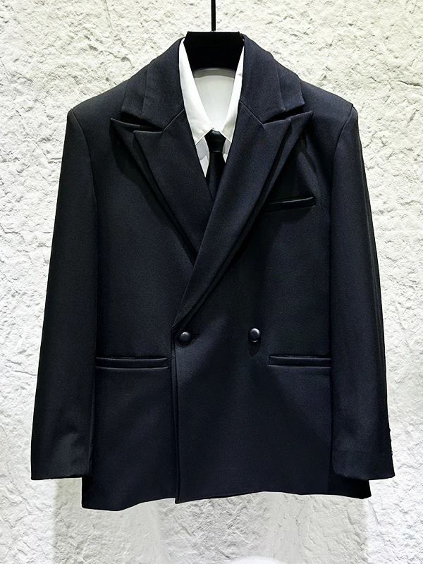 

Spring New Style Men's Casual Black Suit Jacket Double Collar Patchwork Design Fashionable Simple Korean Version Long Sleeve