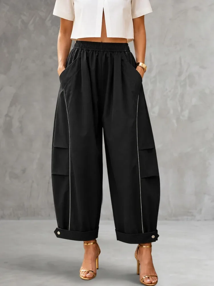 UOOZEE Women Elastic Waist Baggy Cargo Ankle Pants Contrast Stitching Pocket Cuffed Hem Button Loose Cropped Streetwear Trousers