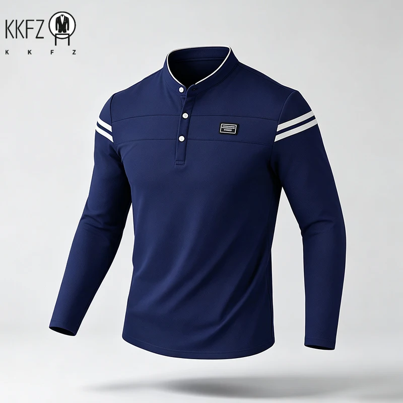 Mens Basic Stand Collar Long Sleeve Polo Top Sleeve Stripes Suitable For Vacation Short Trip And Multiple Leisure Scenes
