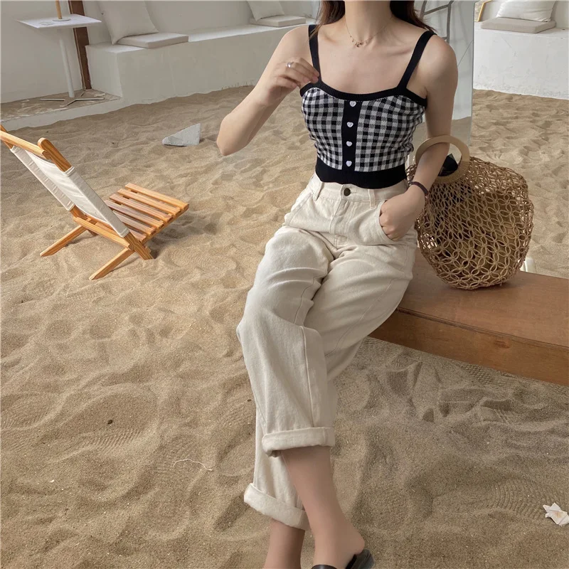 Vest Women Plaid Crop Tops Buttons Camis Knitting Cute Tank Tops Ladies Sleeveless Solid Crop Tops Women 2021 Summer