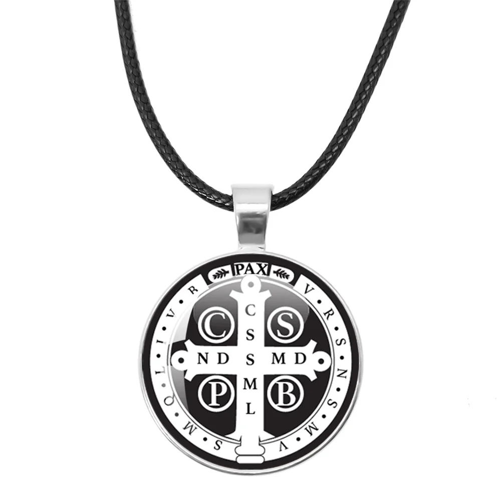 Saint Benedict Medallion Leather Rope Necklace Religious Pendant Amulet Necklace Saint Benedict Exorcism Medal Gifts
