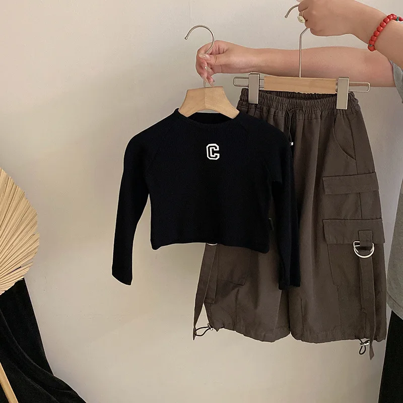 

Girls' Stylish Trendy Short Letter Top2025Autumn New Loose Cargo Straight Pants Two-Piece Set