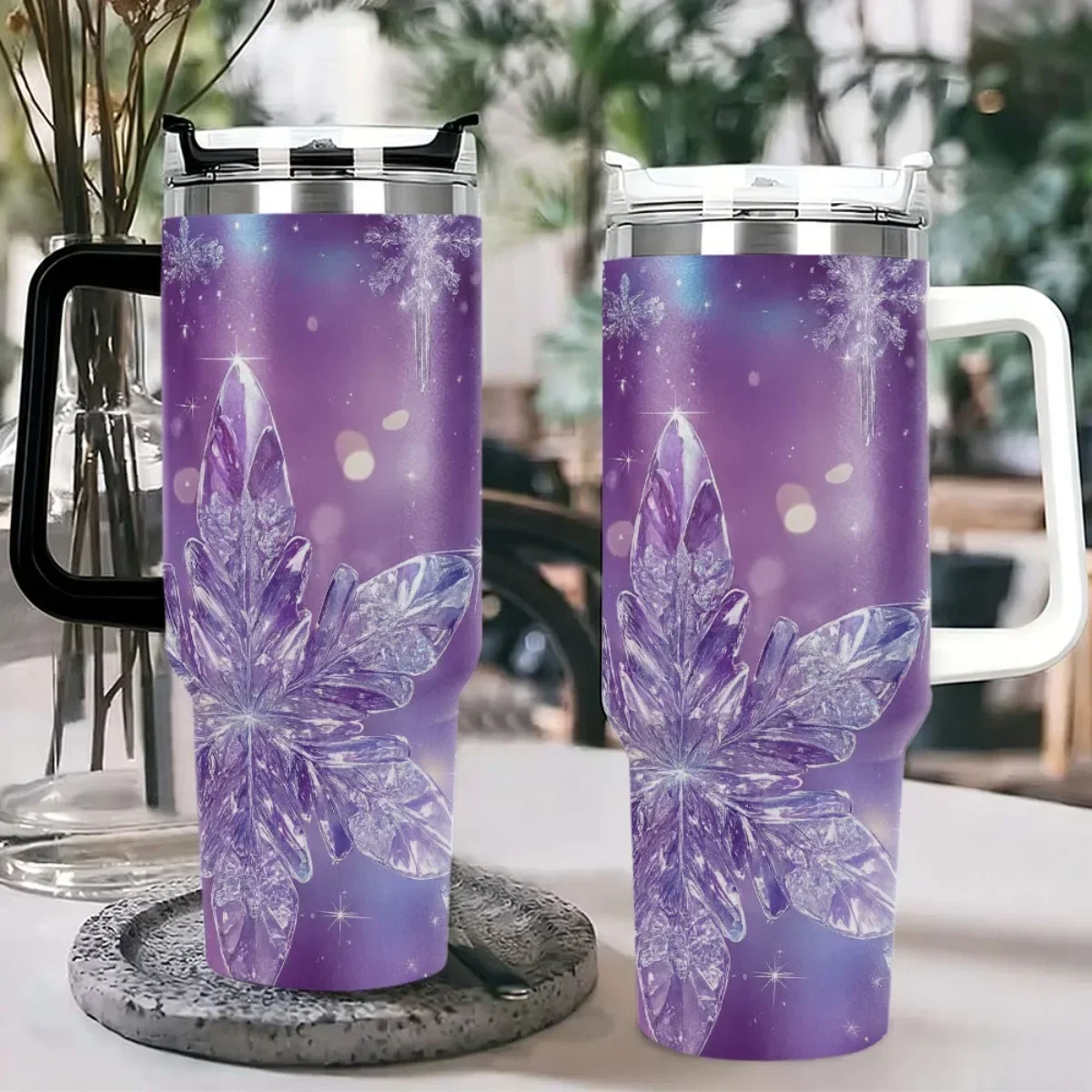 1pc 40oz Large Capacity Summer Cool Freezer Tumbler with Lid & Straw - Double-Wall Ice Retention 3D UV Printed Glitter Crystal Design (Purple Blue) for Outdoor Parties Travel - Gift-Ready Cold Dr