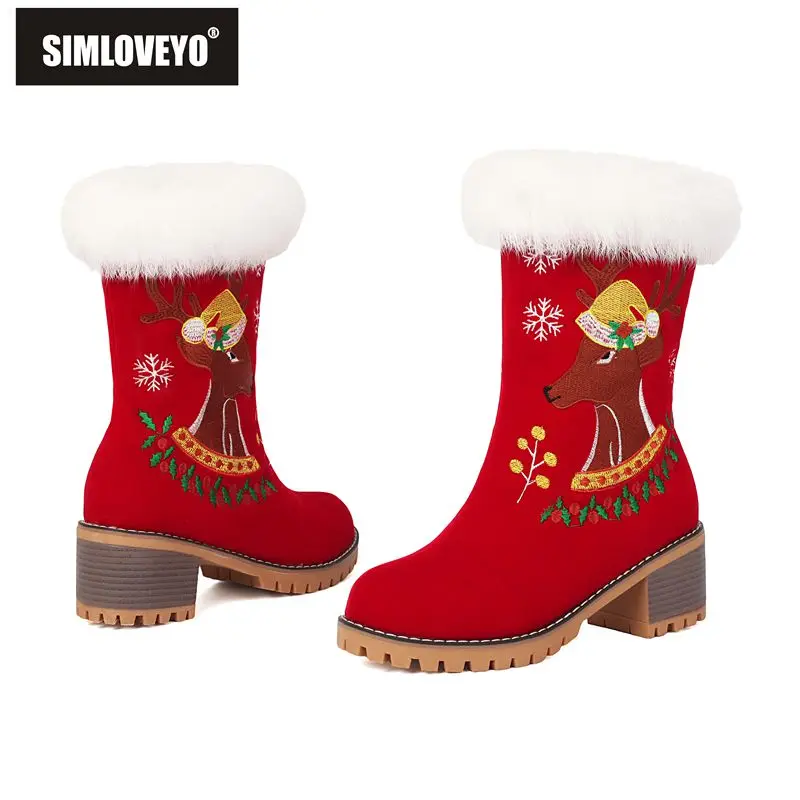 

SIMLOVEYO New Warm Mid Calf Boots Women Flock Suede 5.8cm Chunky Heels Slip On Embroider Big Size 42 43 Cute Daily Winter