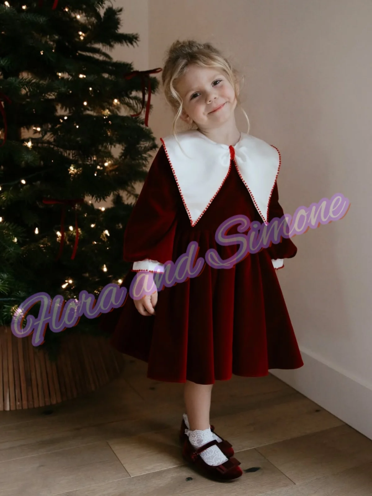

Customized Long Sleeve Velvet Red Elegance Dress Flower Girl Dress for Holiday Celebrations Christmas Wedding Birthday Party