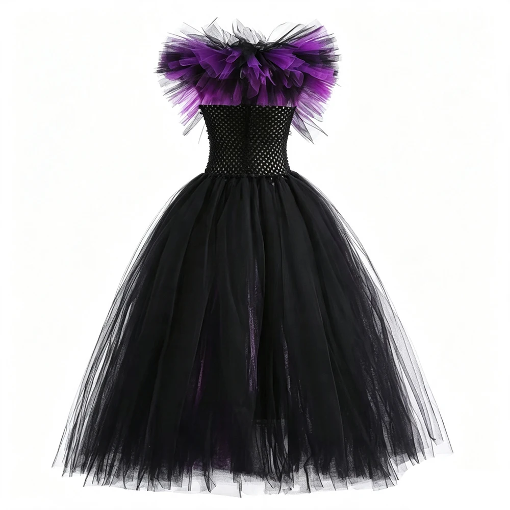 Halloween-Kostüm „Böse Königin“ für Mädchen, luxuriöses lila Tüll-Hexenkleid, Kindergröße 2–12 Jahre, Karnevalsparty, Bühnen-Cosplay-Outfit – Detail 4