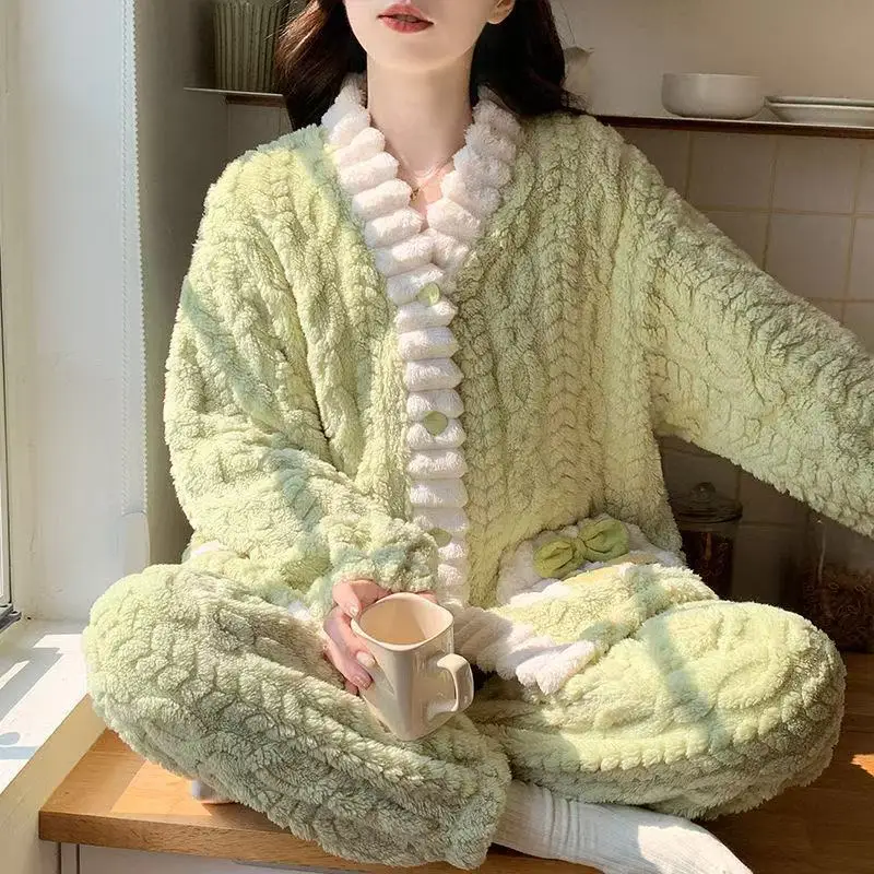

Thickened Coral Fleece Pajamas Women's Homewear Loungewear Autumn Winter Girl Student Sweet Cute Warm Minimalist Long Sleeved