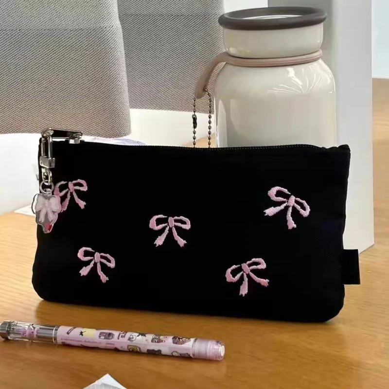 

Ins Style Simple Cosmetic Bag Black Bow Pencil Case Large Capacity Pencil Storage Bag Stationery Organizer School Supplies