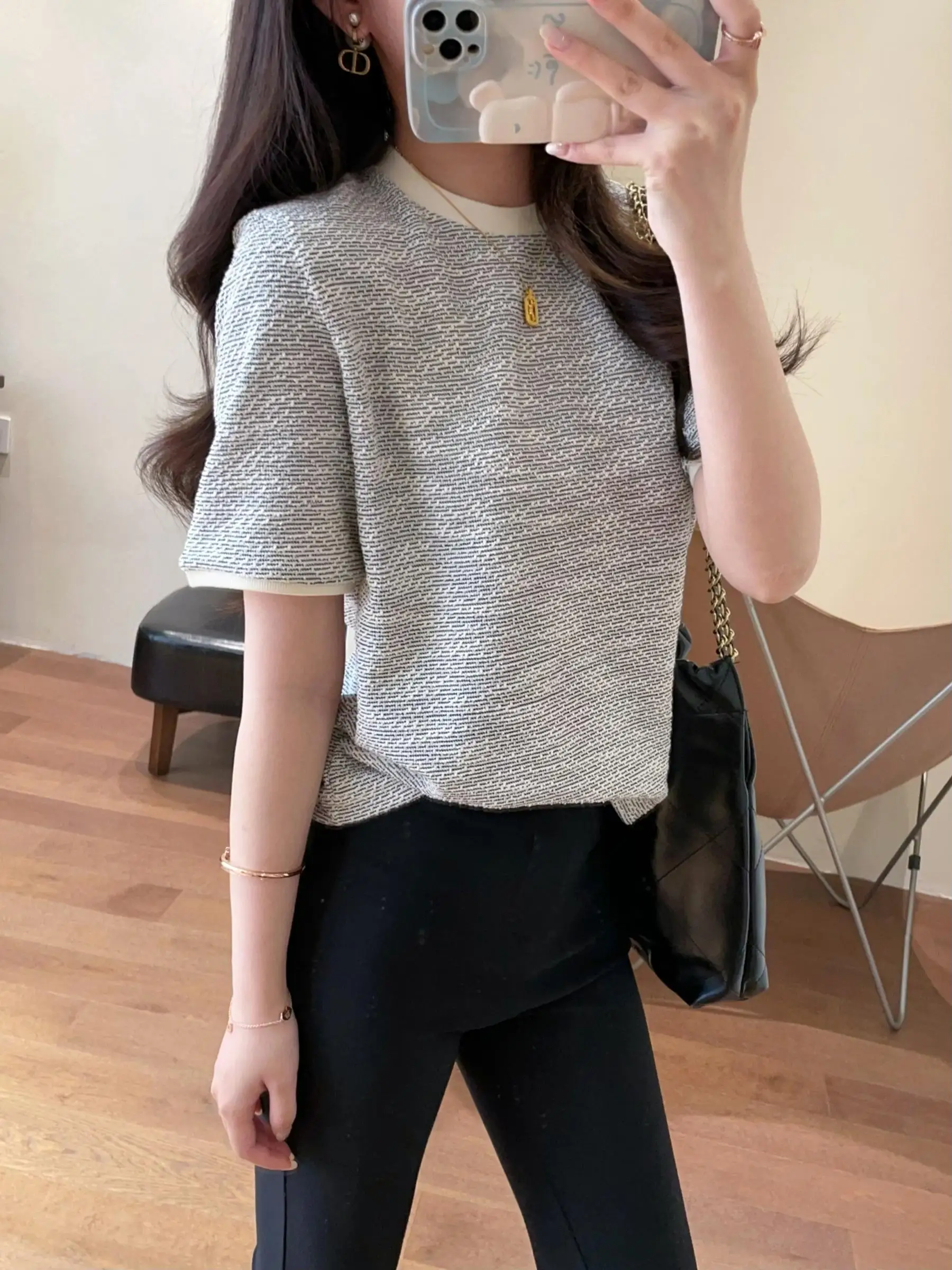 

WTHEONE Modern Retro Gold Sequin Color Colion Slim Fit round Ne Knitted ort Sve T-irt Loose Spring 2025 Women's F...