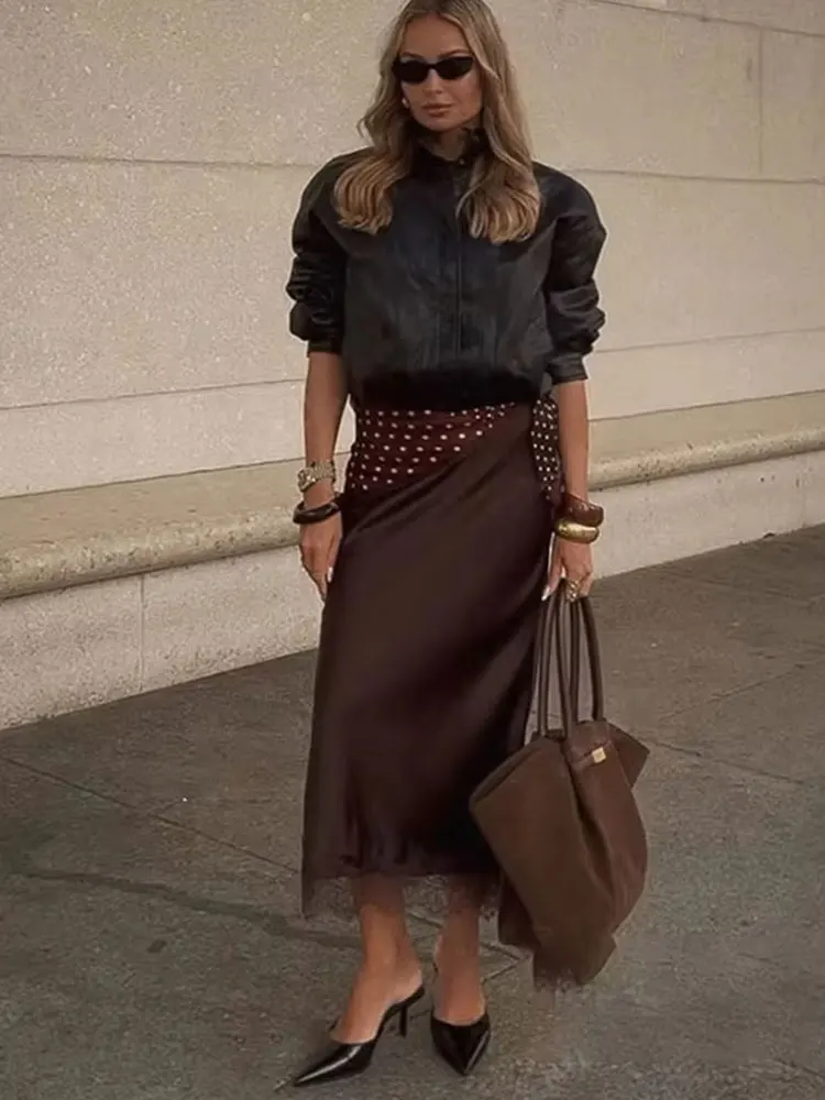 HH Women Elegant Fashion Polka Dot Lace Skirt Luxury Satin High Waist Straight Midi Skirt Female High Street Lady Skirts Mujer