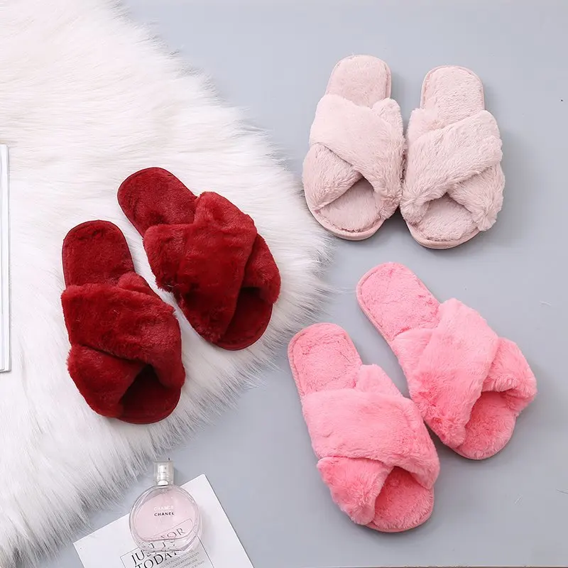 Warm Fluffy Slippers Women\'s Plush Slippers Comfortable Faux Fur Cross Indoor Bedroom Floor Ladies Slippers Flat Soft Fur Shoes