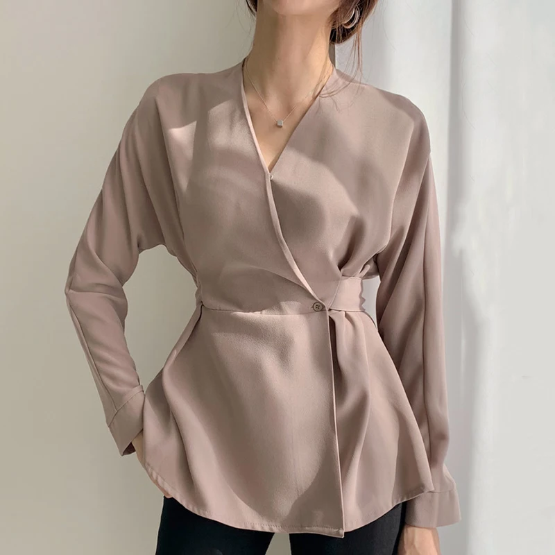 

Pure Color Women Korean Shirts Office Lady Lace Up Waist Shirts Femme Black Tops