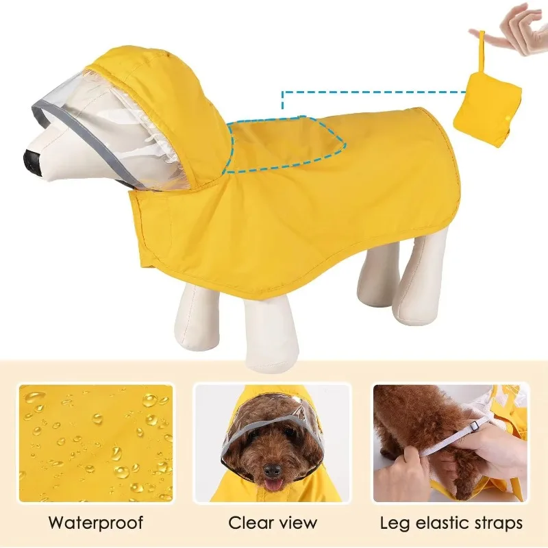 Adjustable Double Layer Waterproof Dog Raincoat Cape with Transparent Hood Reflective Storage Pocket and Edges for Large Dogs