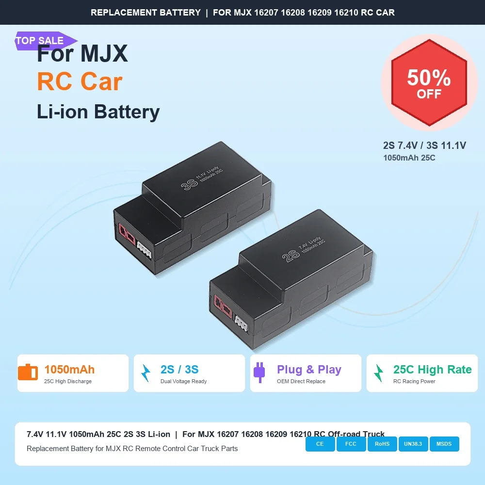 7.4V 11.1V 1050mAh 25C 2S 3S Li-ion Replacement Battery for MJX 16207 16208 16209 16210 RC Remote Control Car Off-road Truck
