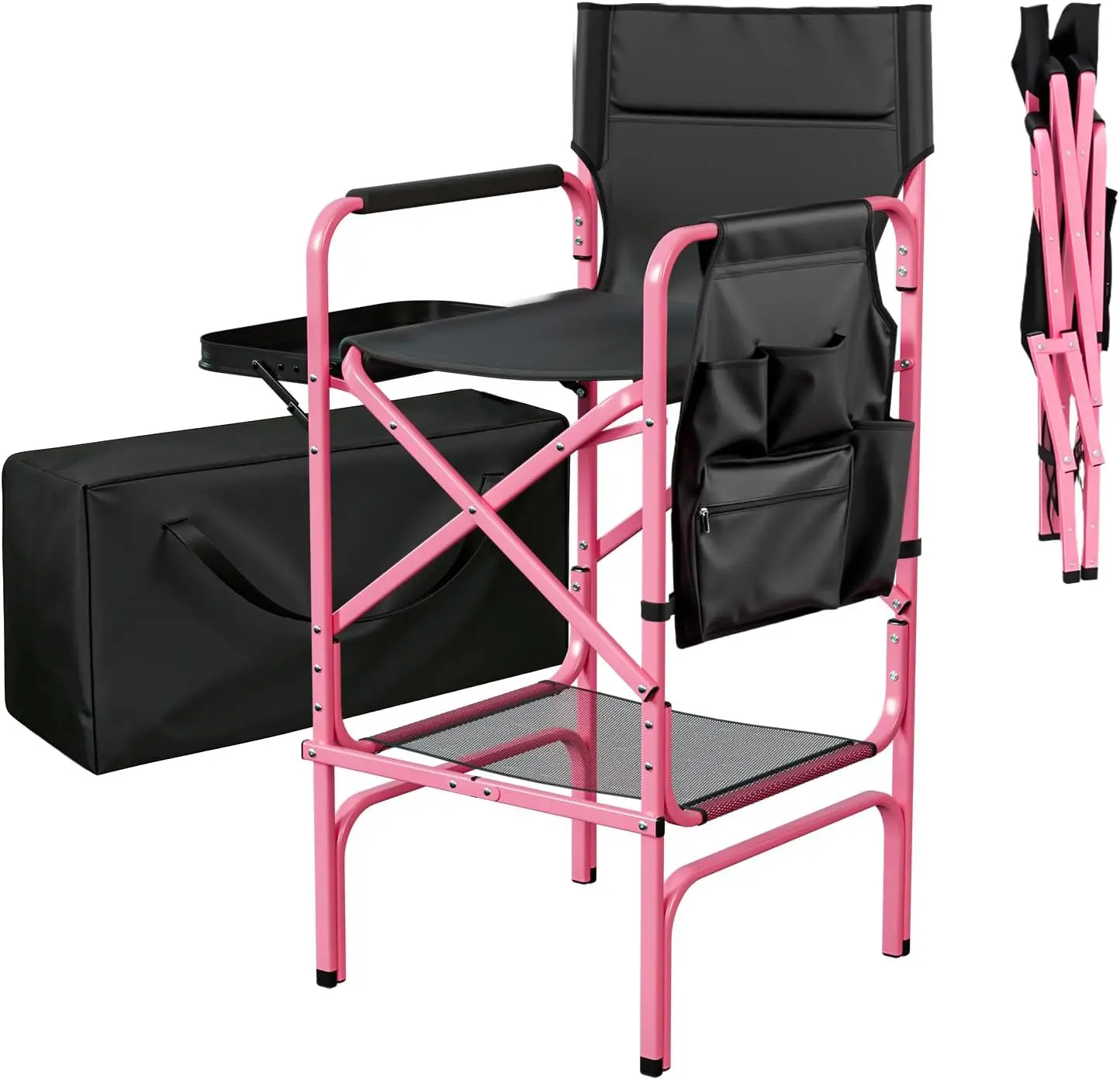 Tall Director Chair Portable Aluminum Seating Foldable Makeup Artist Chair Retractable Side Table Footrest Heavy Duty High Bar Height Studio Outdoor Lawn Patio Pink Black