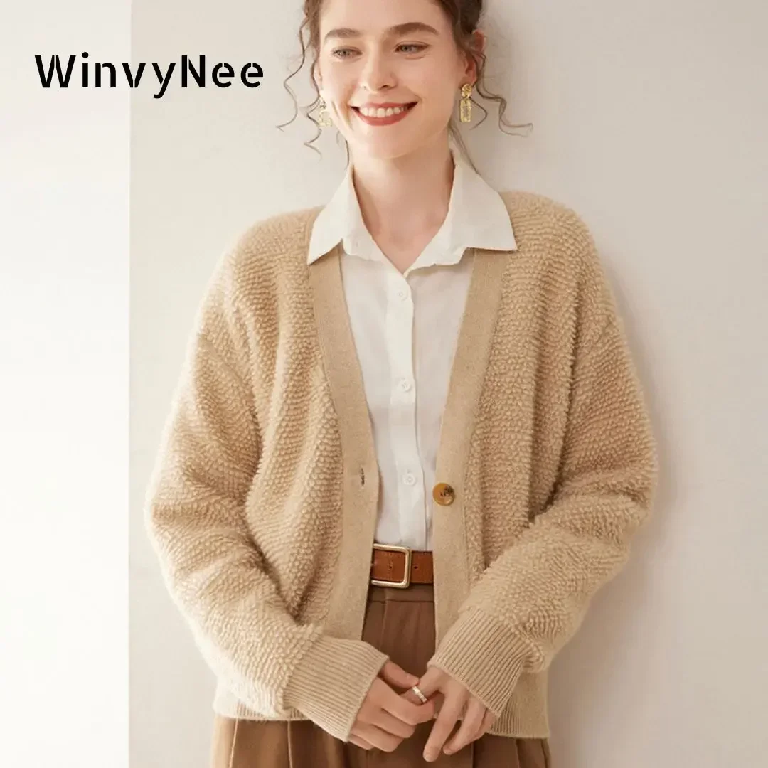 WinvyNee Women Cashmere Wool Cardigans Sweater Solid Casual Warm V Neck Loose Outerwear Tops 2024 Clothing Winter Coats B1054026