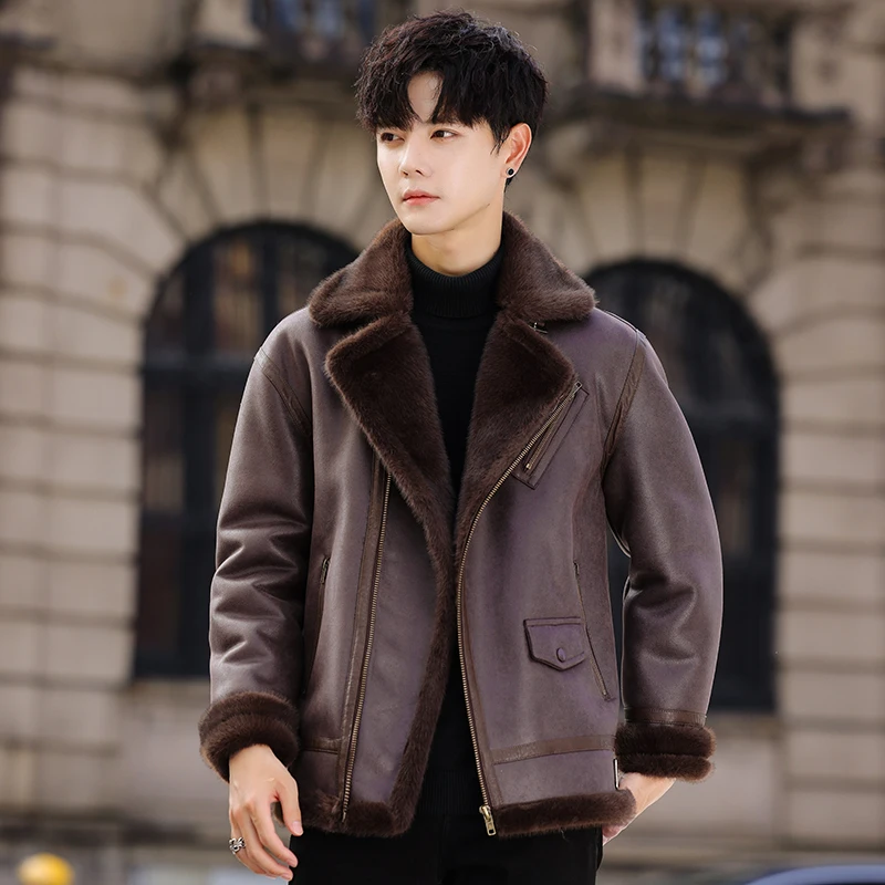 Men's Suede Jacket Winter Thickened Luxury Outerwear Fur Leather Integrated Loose Fit Youthful Style Warmth Insulated Zipper