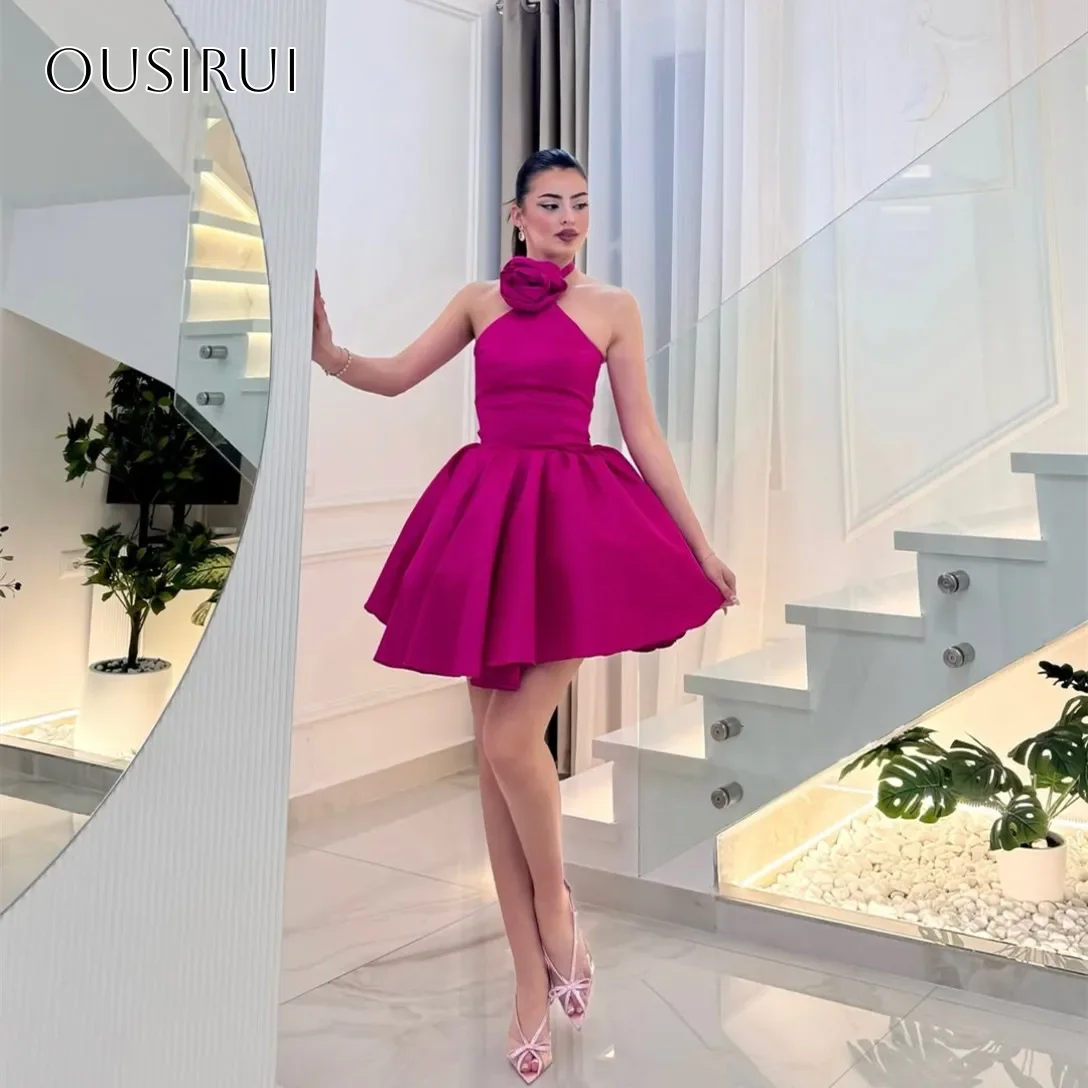 Falbanki Halter Kwiat Satyna Krótkie Sukienki Koktajlowe w Linii A Bez Rękawów Formalne Ubrania na Przyjęcia Personalizowane شارون سعيد