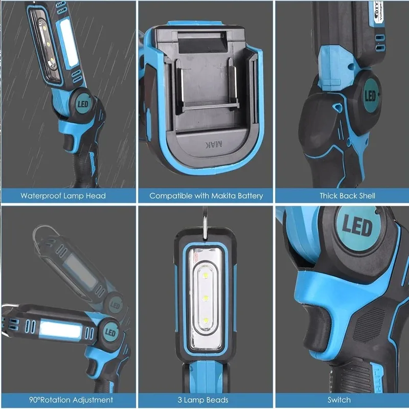 100W LED flashlight work light for Makita 18V lithium battery, with hook, rotating head, folding light, suitable for outdoor use