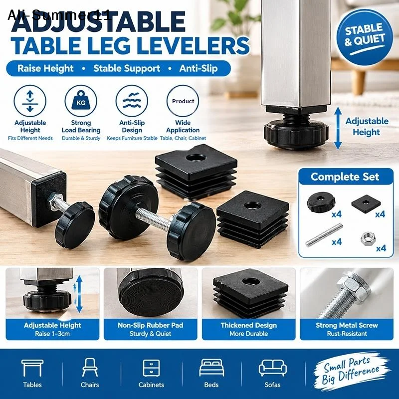 【Y】1Set Square Adjustable Foot Mat M8 Nut Pipe Plug Black Rectangle Tube Furniture Leveling Feet Levelers For Table Chair Legs