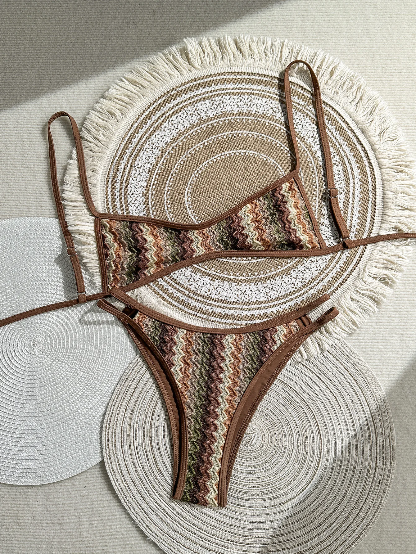 Vintage Boho Chevron Textured Bikini Two Piece Set Adjustable Thin String Straps High Cut Cheeky Bottom Summer Beach Swimwear
